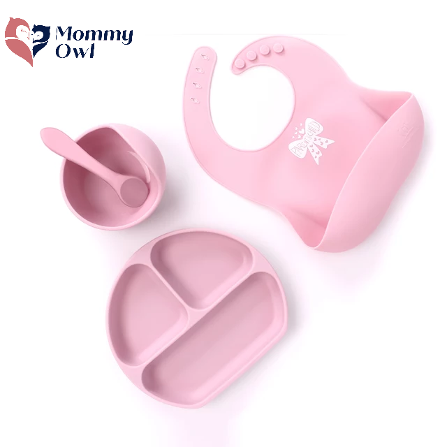 Baby Feeding Set - Waterproof Silicone Bibs Plate Bowl Spoon 4 Pack