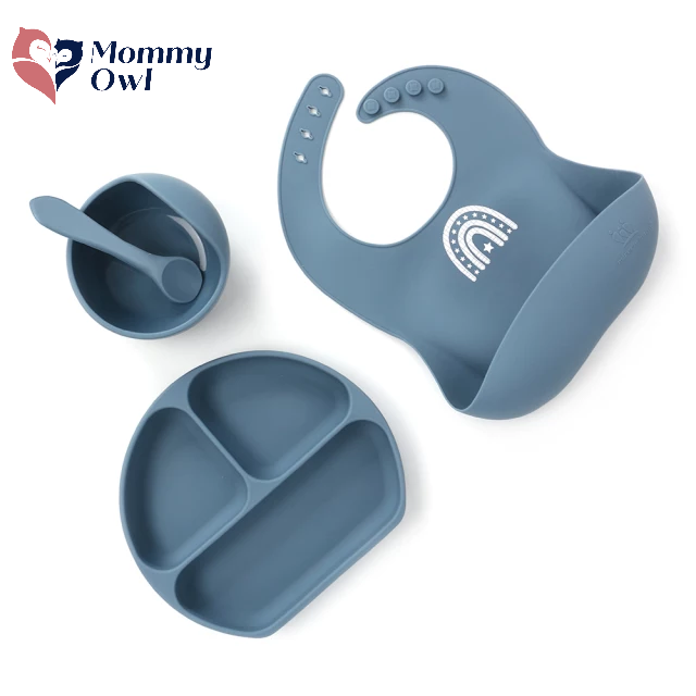 Baby Feeding Set - Waterproof Silicone Bibs Plate Bowl Spoon 4 Pack