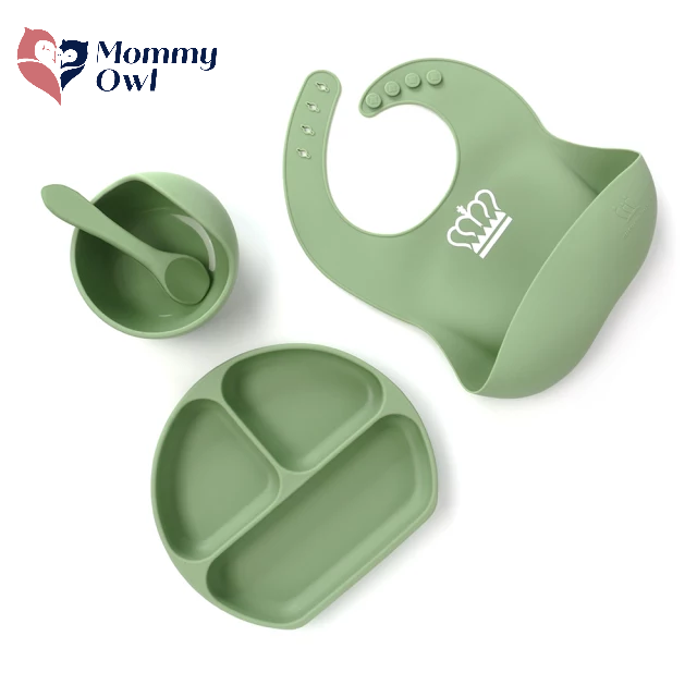 Baby Feeding Set - Waterproof Silicone Bibs Plate Bowl Spoon 4 Pack